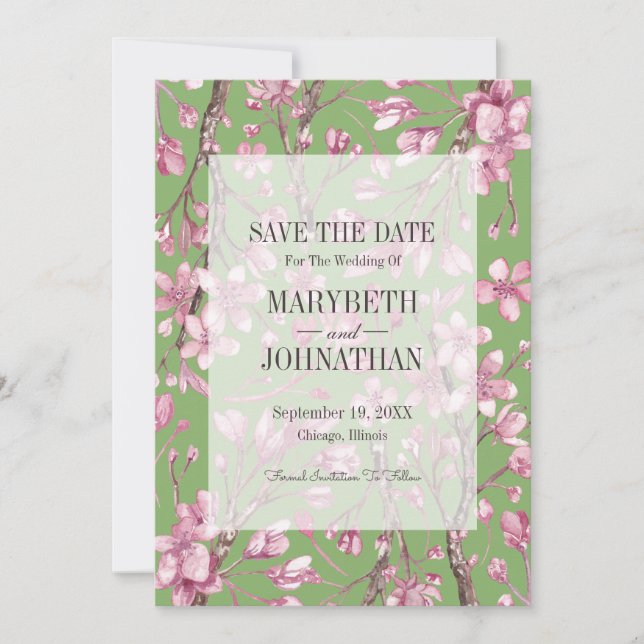 Pink Cherry Blossom Floral Save The Date Card (Front)