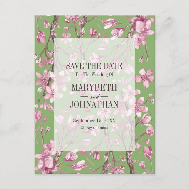 Pink Cherry Blossom Floral Save The Date Invitation Postcard (Front)