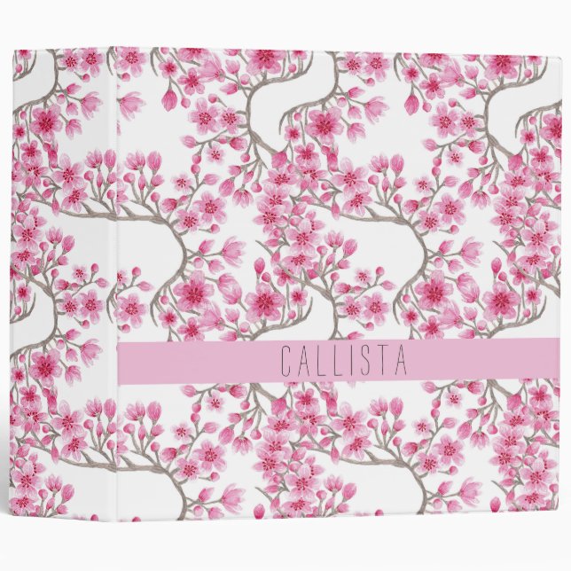 Pink Cherry Blossom Floral Watercolor Monogram Binder (Front/Spine)
