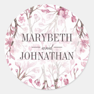 Pink Cherry Blossom Floral Wedding Favour Classic Round Sticker