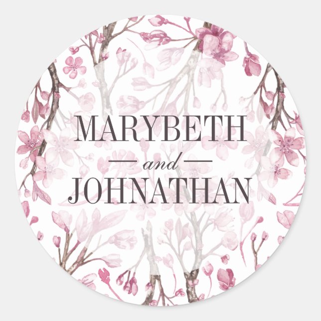 Pink Cherry Blossom Floral Wedding Favour Classic Round Sticker (Front)