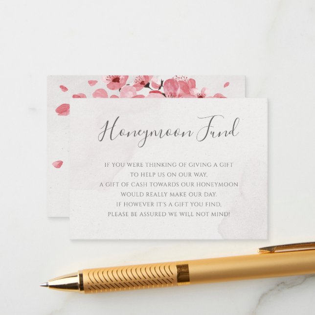 Pink Cherry Blossom Floral Wedding Honeymoon Fund Enclosure Card (Front/Back In Situ)
