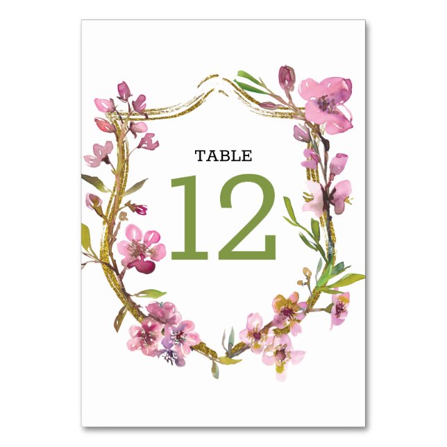 Pink Cherry Blossom Floral Wedding Table Number (Front)
