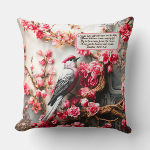 Pink Cherry Blossom Floral With Bird & Bible Verse Throw Pillow
