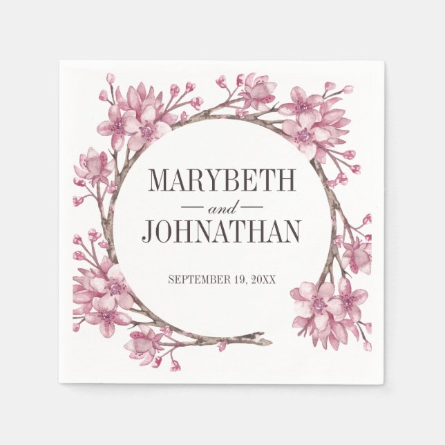 Pink Cherry Blossom Floral Wreath Wedding Napkin (Front)