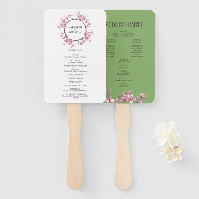 Pink Cherry Blossom Floral Wreath Wedding Program Hand Fan (Front and Back)