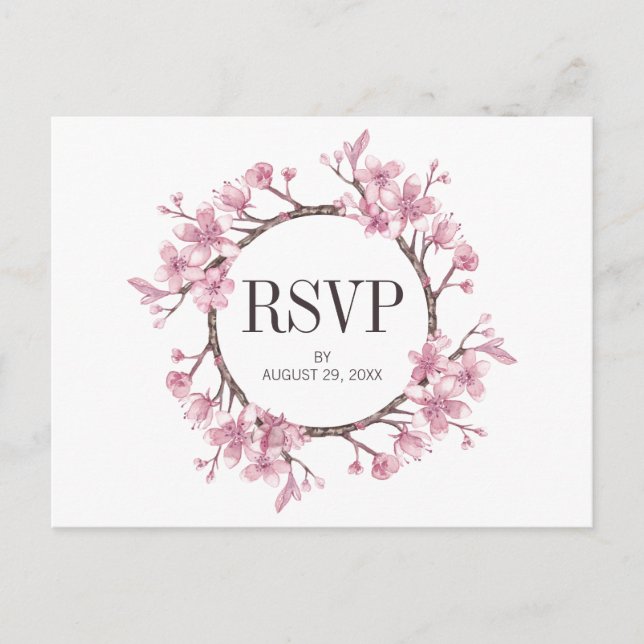 Pink Cherry Blossom Floral Wreath Wedding RSVP Invitation Postcard (Front)