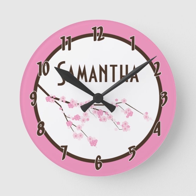 Pink Cherry Blossom Flower Personalized Clock (Front)