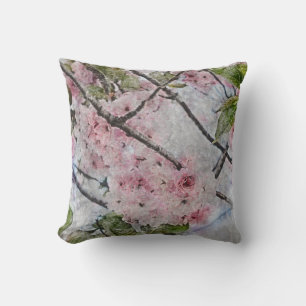 pink cherry blossom flower watercolor painting throw pillow
