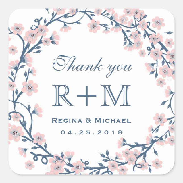 Pink Cherry Blossom Flower Wedding Favour Sticker (Front)