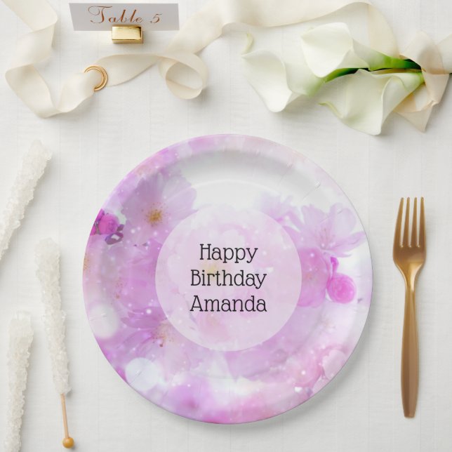 Pink Cherry Blossom Flowers Photo - Birthday Paper Plate (Wedding)
