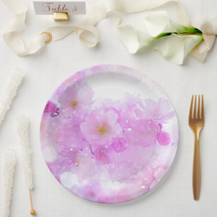Pink Cherry Blossom Flowers Photo Paper Plate