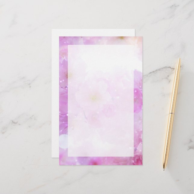 Pink Cherry Blossom Flowers Photo Stationery (Front/Back In Situ)