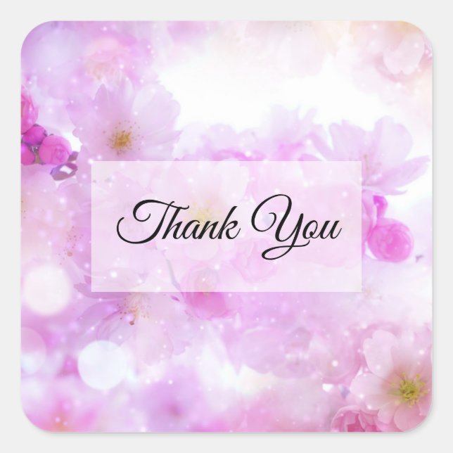 Pink Cherry Blossom Flowers Photo Thank You Square Sticker (Front)