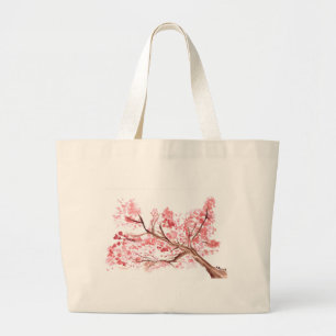 Pink cherry blossom flowers watercolor painting large tote bag