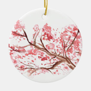 Pink cherry blossom flowers watercolor vintage ceramic ornament
