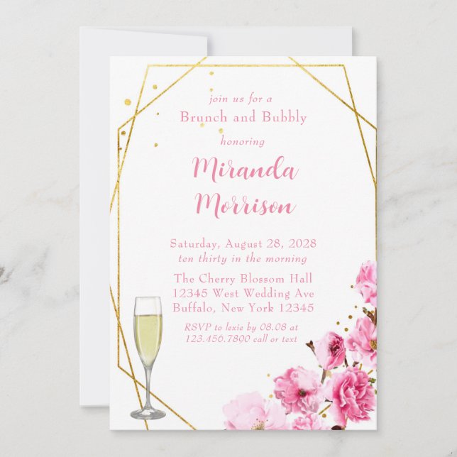 Pink Cherry Blossom Geometric Brunch & Bubbly Invitation (Front)