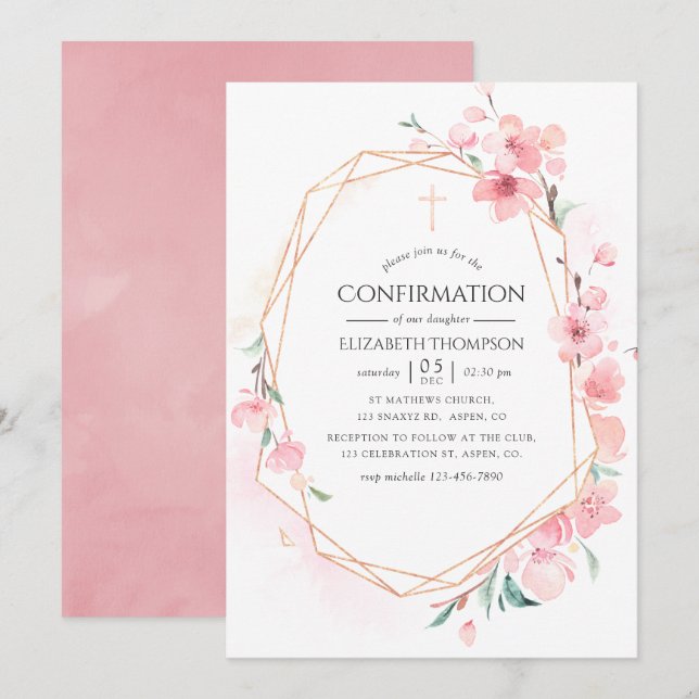 Pink Cherry Blossom Geometric Confirmation Invitation (Front/Back)