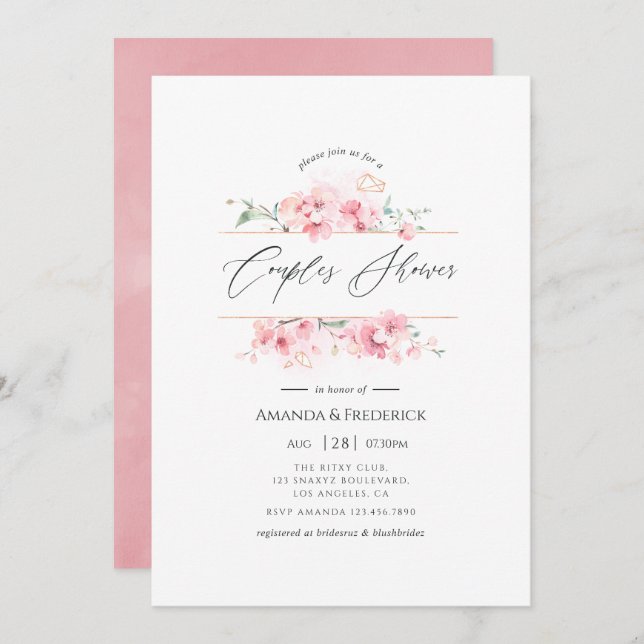 Pink Cherry Blossom Geometric Couples Shower Invitation (Front/Back)