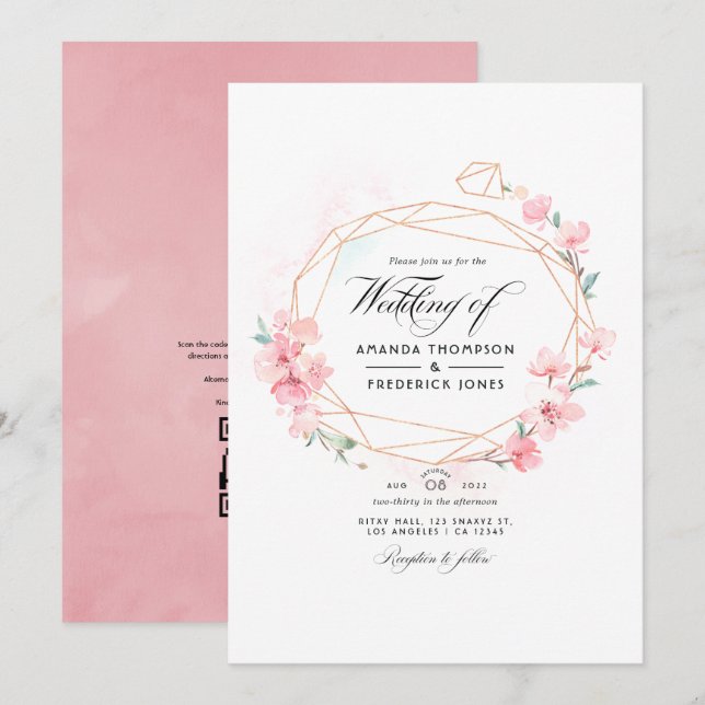 Pink Cherry Blossom Geometric QR Code RSVP Wedding Invitation (Front/Back)