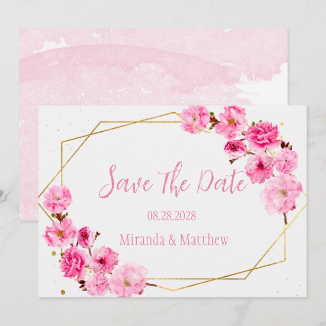 Pink Cherry Blossom Geometric Save The Date Cards (Front/Back)