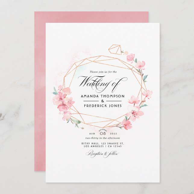 Pink Cherry Blossom Geometric Spring Wedding Photo Invitation (Front/Back)
