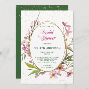 Pink Cherry Blossom Gold Frame Bridal Shower Invitation