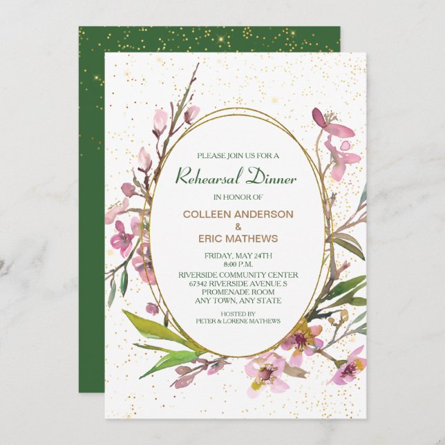 Pink Cherry Blossom Gold Frame Rehearsal Dinner Invitation (Front/Back)