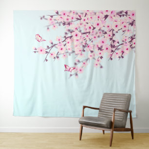 Pink Cherry Blossom Illustrative Landscape Tapestry