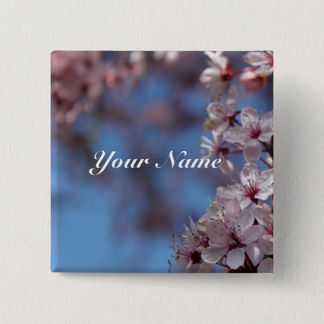 pink cherry blossom in blue sky 2 inch square button (Front)