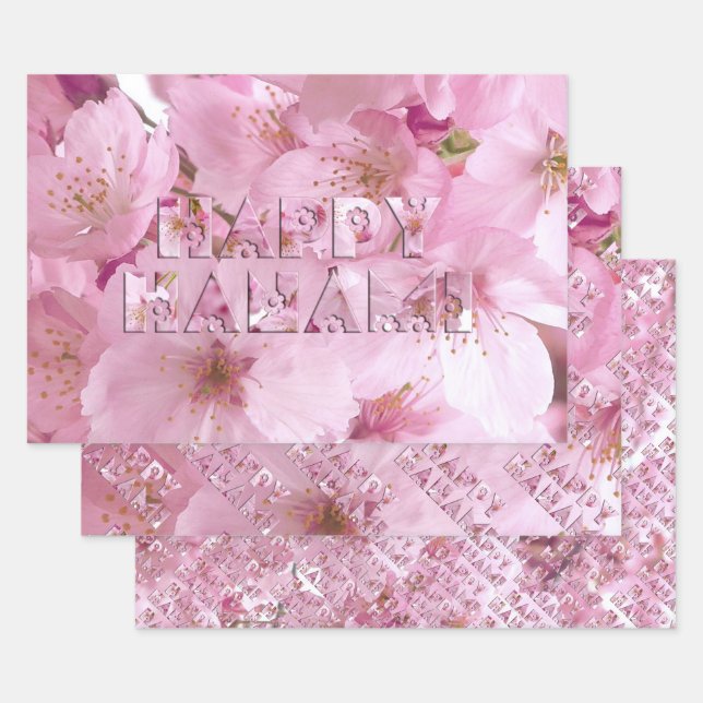 Pink Cherry Blossom Japanese Festival Happy Hanami Wrapping Paper Sheet (Set)