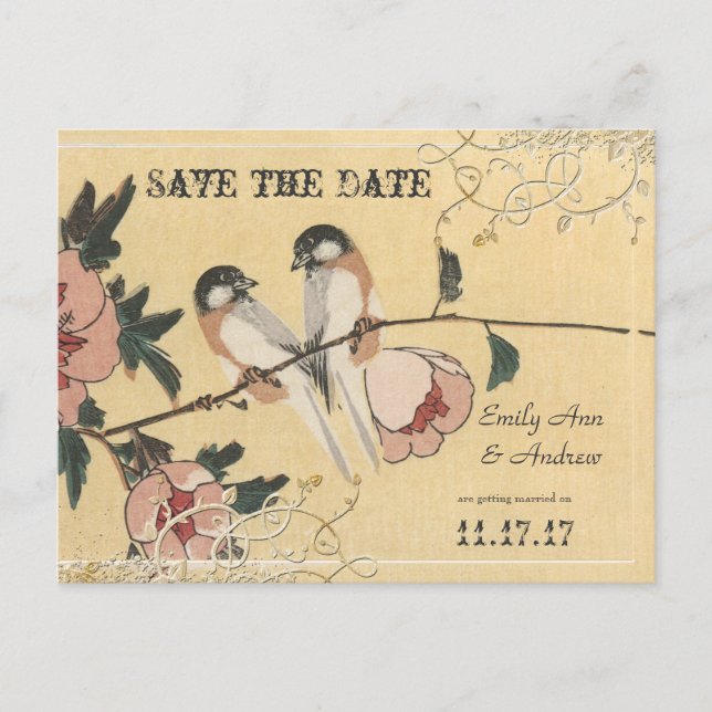 Pink Cherry Blossom Love Birds  Save the Date Announcement Postcard (Front)