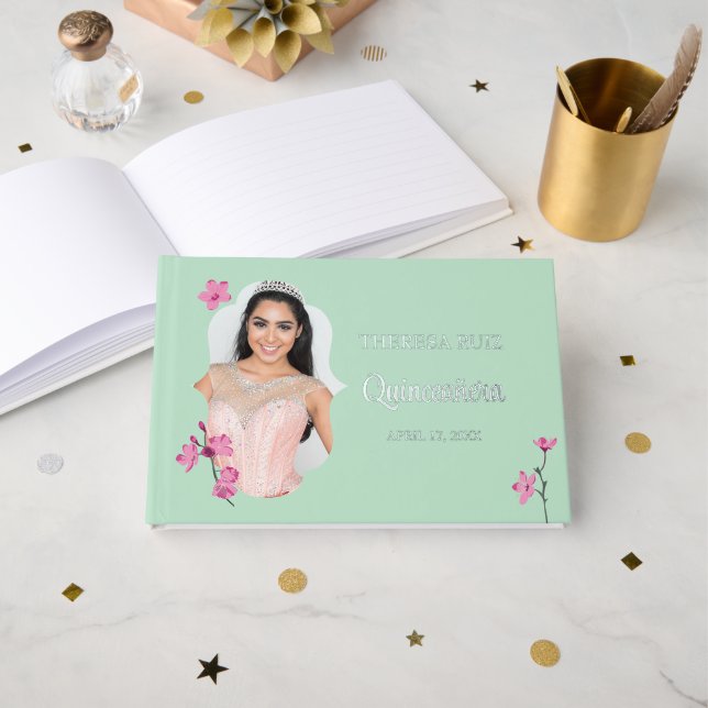 Pink Cherry Blossom Mint Green Personalized Photo Guest Book (Front Open)