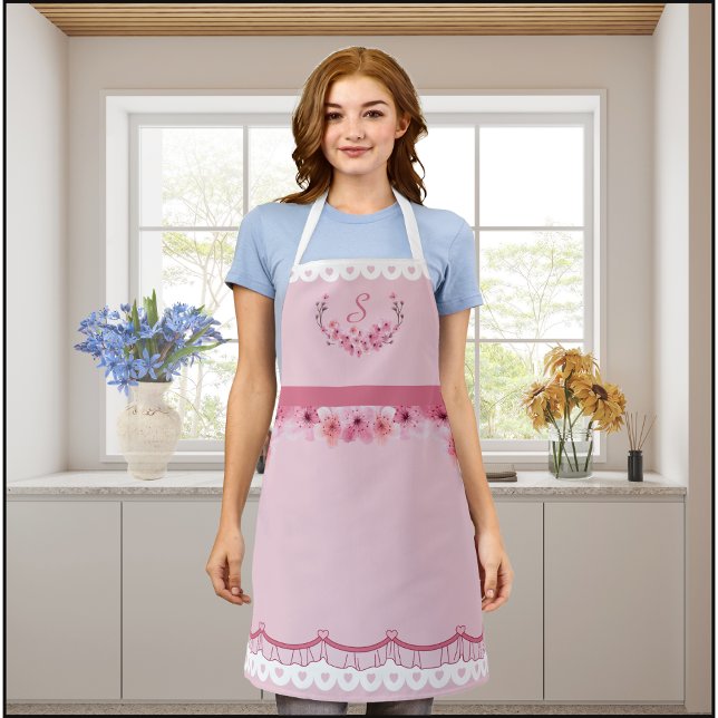 Pink Cherry Blossom Monogram Apron (Pink Cherry Blossom Monogram Apron)