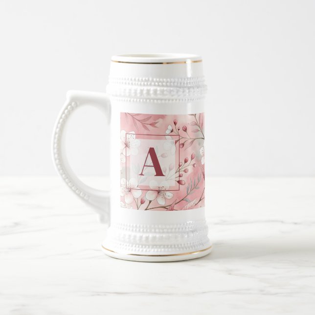 Pink cherry blossom monogram beer stein (Left)