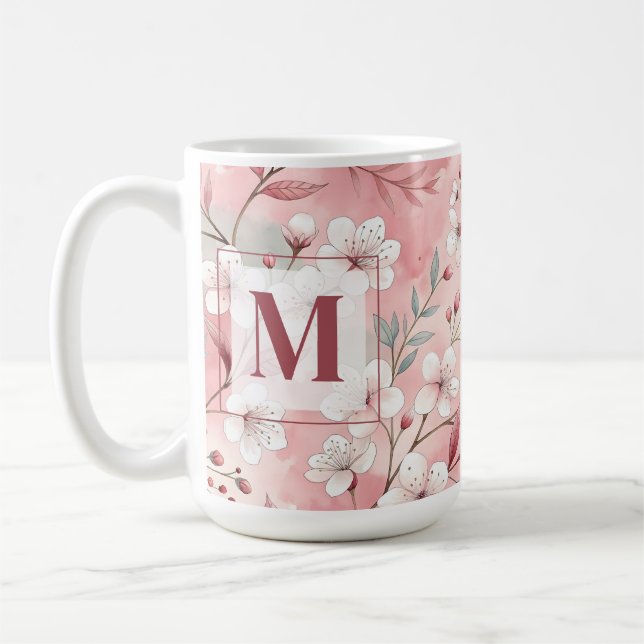 Pink cherry blossom monogram coffee mug (Left)