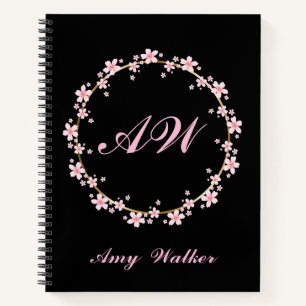 Pink Cherry Blossom Monogram Feminine Floral Wreat Notebook