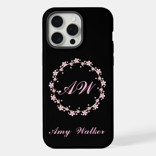 Pink Cherry Blossom Monogram  Floral Wreath iPhone Case (Back)