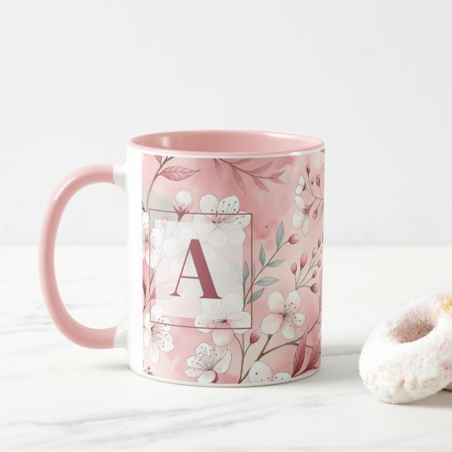 Pink cherry blossom monogram mug (With Donut)