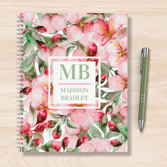 Pink Cherry Blossom Monogram Personalized Name Notebook (Creator Uploaded)