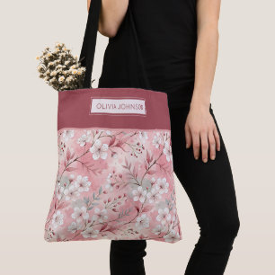 Pink cherry blossom monogram tote bag