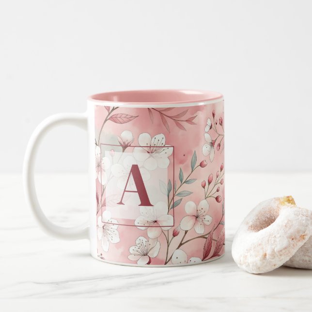 Pink cherry blossom monogram Two-Tone coffee mug (With Donut)