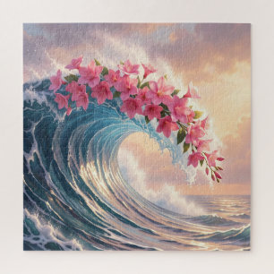 Pink Cherry Blossom Ocean Wave Surreal Jigsaw Puzzle