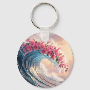 Pink Cherry Blossom Ocean Wave Surreal Keychain