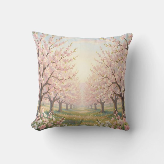 Pink Cherry Blossom Orchard Spring Landscape Throw Pillow (Front)