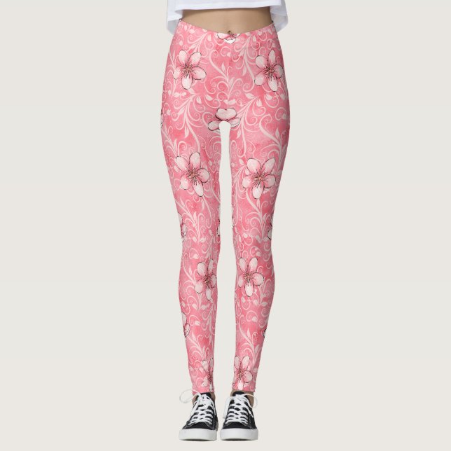 Pink Cherry Blossom Pattern Leggings (Front)