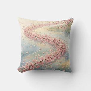Pink Cherry Blossom River Watercolor Scene Throw Pillow
