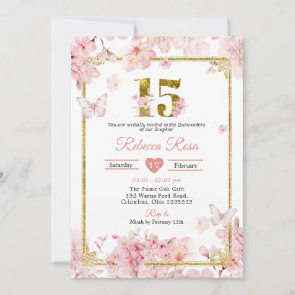 Pink Cherry Blossom Sakura Gold 15th Quinceañera Invitation