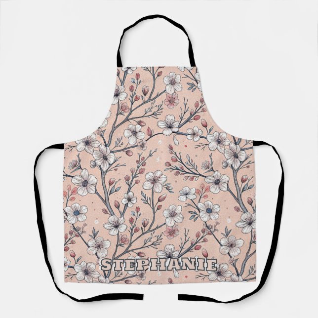Pink Cherry Blossom Sakura Pattern on Pink (1) Apron (Front)