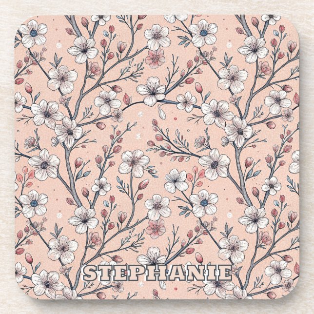 Pink Cherry Blossom Sakura Pattern on Pink (1) Coaster (Front)